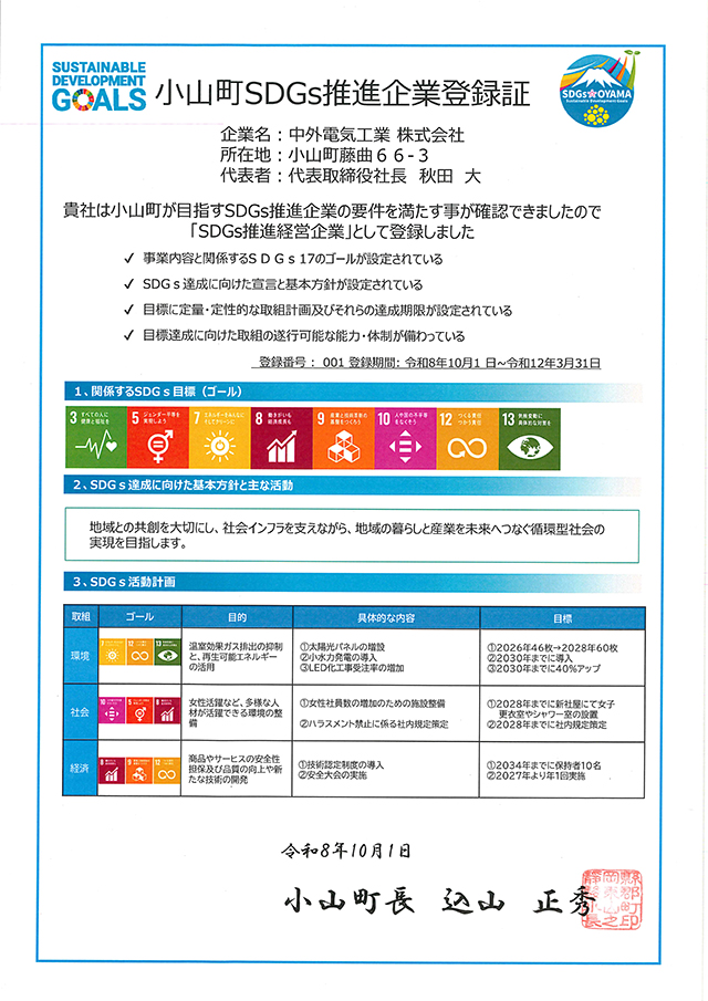 小山町SDGs推進企業登録証